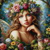 Sparkling diamond art featuring an ethereal forest fairy amidst colorful wildflowers.