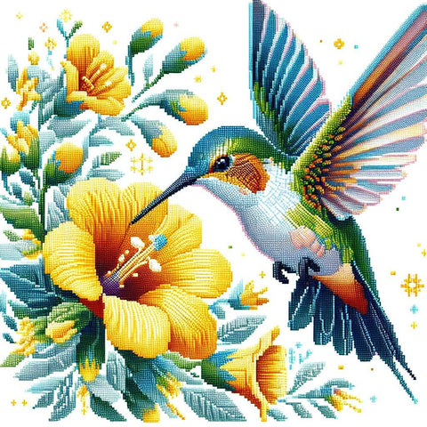 Image of Sparkling diamond art featuring a colorful hummingbird with shimmering feathers, feeding from a hibiscus flower.