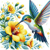 Sparkling diamond art featuring a colorful hummingbird with shimmering feathers, feeding from a hibiscus flower.