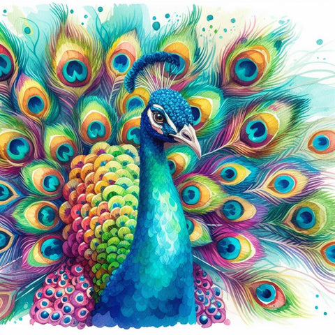 Image of Diamond painting of a majestic peacock showcasing its vibrant, colorful feathers.