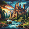 Sparkling diamond art featuring a majestic medieval castle surrounded by towering trees.