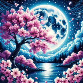 Sparkling diamond art featuring a scenic night landscape with a full moon