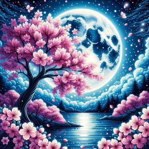 Image of Sparkling diamond art featuring a scenic night landscape with a full moon