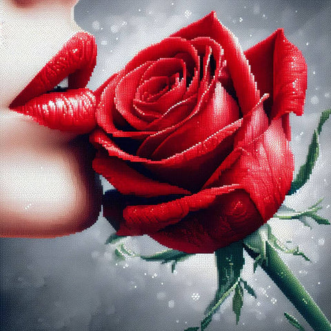 Image of Sparkling diamond art featuring a red rose with red lips, a classic symbol of love and passion.