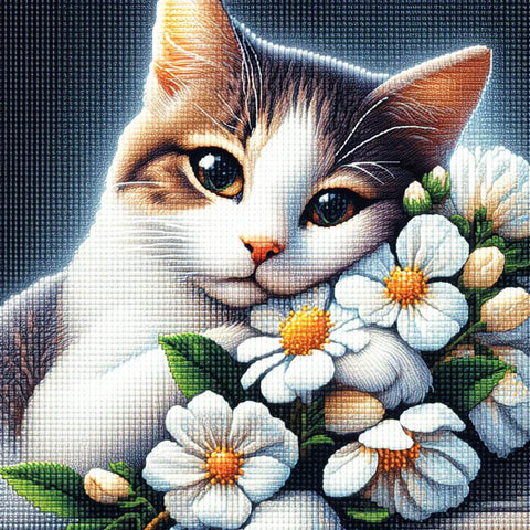 Image of Sparkling diamond art featuring a playful tabby cat cuddling daisy flowers.