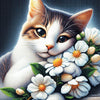 Sparkling diamond art featuring a playful tabby cat cuddling daisy flowers.