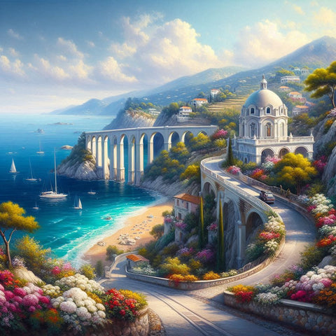 Image of Sparkling diamond art featuring a scenic Mediterranean town with narrow, winding streets leading to the seaside. 