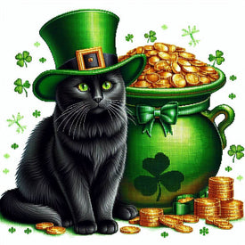 Sparkling diamond art featuring a black cat with a shamrock, a symbol of St. Patrick's Day.