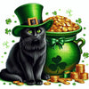 Sparkling diamond art featuring a black cat with a shamrock, a symbol of St. Patrick's Day.