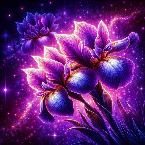 Image of Sparkling diamond art featuring a close-up of beautiful iris flowers in full bloom.