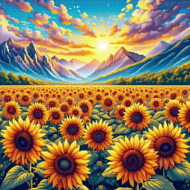 Sparkling diamond art featuring a vast field of sunflowers blooming brightly on a summer farm.