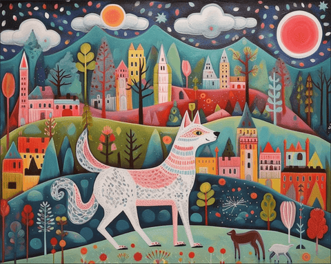 Image of A shimmering diamond painting showcasing a playful wolf rendered in a folk art aesthetic.