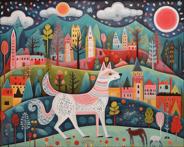 A shimmering diamond painting showcasing a playful wolf rendered in a folk art aesthetic.