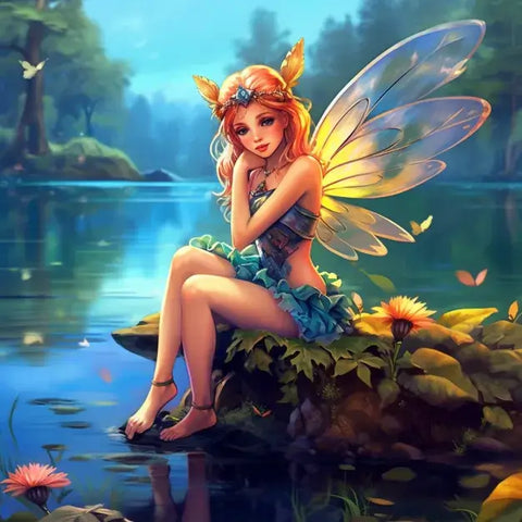 Image of Sparkling diamond painting featuring a magical fairy beside a serene lake.