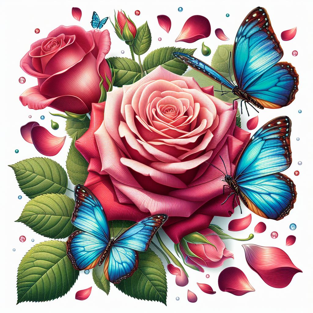 Sparkling pink roses with blue butterflies, diamond art