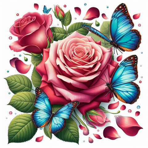 Image of Sparkling pink roses with blue butterflies, diamond art