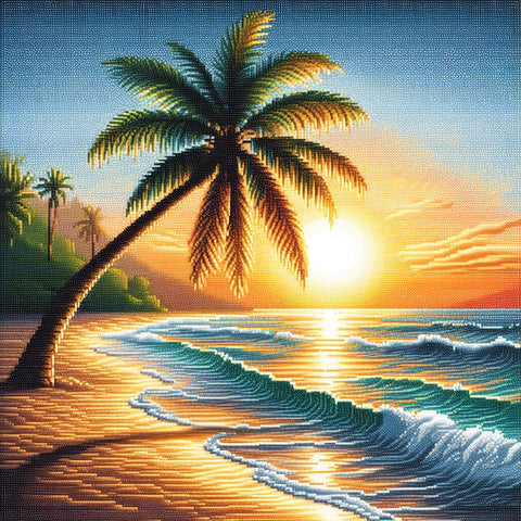 Image of Diamond painting of a sparkling sunset over a calm beach