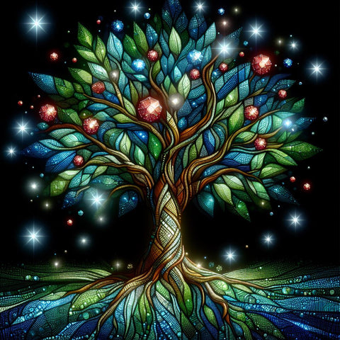 Image of Diamond painting depicting a majestic tree of life, sparkling with vibrant colors.