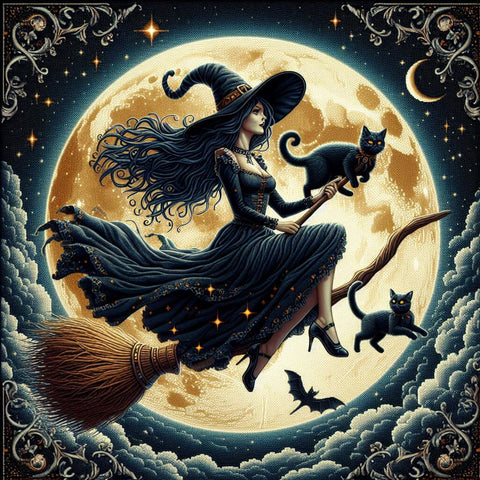 Image of Spooky Witch with Black Cats Halloween Diamond Art