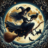 Spooky Witch with Black Cats Halloween Diamond Art