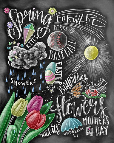 Image of Diamond painting of a chalkboard with the words "Spring Forward" surrounded by spring-themed images, such as flowers, birds, baseballs, and a kite.