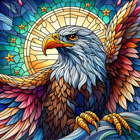 Image of Diamond painting of a stained glass bald eagle with its wings outstretched.