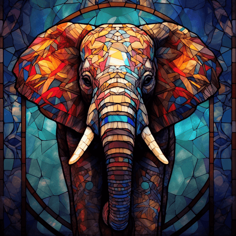 Image of Diamond painting of an elephant in a stained glass style, with vibrant colors and intricate details