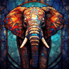 Diamond painting of an elephant in a stained glass style, with vibrant colors and intricate details