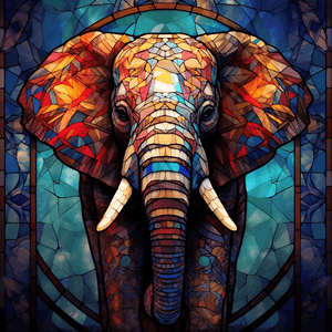 Diamond painting of an elephant in a stained glass style, with vibrant colors and intricate details