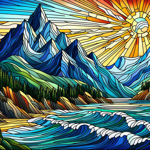 Image of Diamond painting of a stained glass landscape depicting mountains, a river, sunlight, and waves