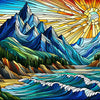 Diamond painting of a stained glass landscape depicting mountains, a river, sunlight, and waves