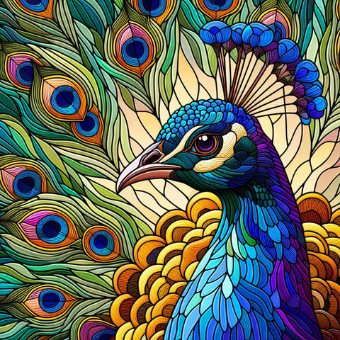 Image of Diamond painting of a stained glass peacock with vibrant blue, green, and yellow feathers.