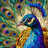 Diamond painting of a stained glass peacock with vibrant blue, green, and yellow feathers.