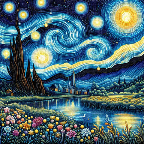 Image of Sparkling diamond painting of the swirling night sky in Starry Night 