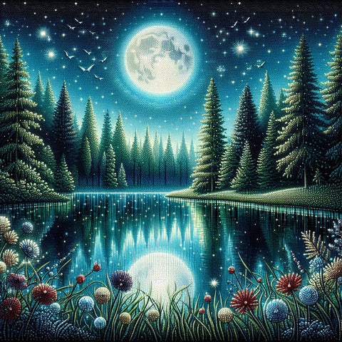 Image of Diamond painting of a tranquil lake at night, reflecting a starry sky with shimmering light dancing on the water's surface.