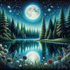 Diamond painting of a tranquil lake at night, reflecting a starry sky with shimmering light dancing on the water's surface.