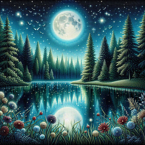 Diamond painting of a tranquil lake at night, reflecting a starry sky with shimmering light dancing on the water's surface.