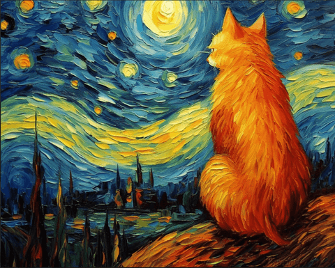 Image of Diamond painting of a cat admiring a starry night sky inspired by Van Gogh.