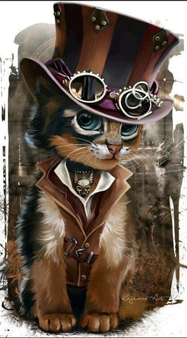 Image of Diamond Painting of a Steampunk Cat Wearing a Top Hat and Goggles