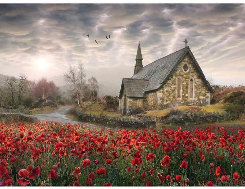 Diamond Painting of a Stone Church with a Red Poppy Field