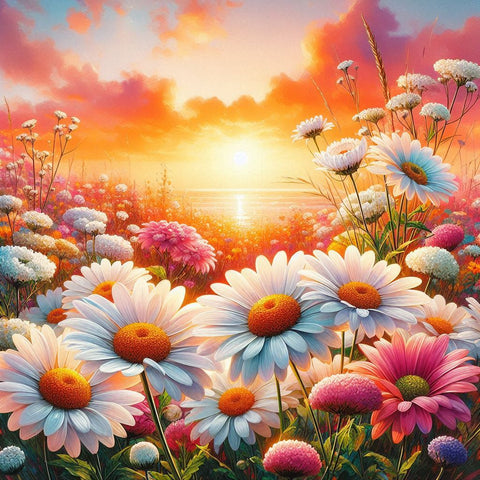 Image of Diamond painting of a summer sunset over a field of wildflowers.