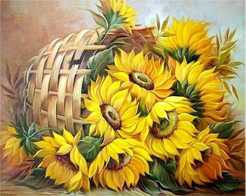 Image of Diamond painting of a wicker basket overflowing with bright yellow sunflowers.