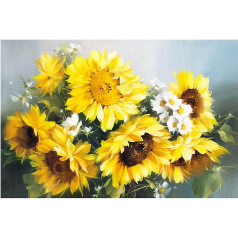 Image of Vibrant diamond painting of a bouquet with sunflowers and white daisies