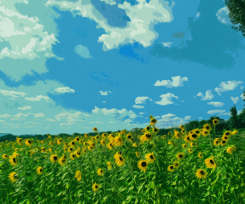 Image of A diamond painting of a vibrant field of sunflowers under a clear blue sky.