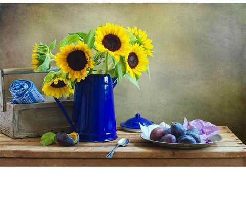 Image of Diamond Painting of Sunflowers in a Blue Enamel Pitcher with Plums