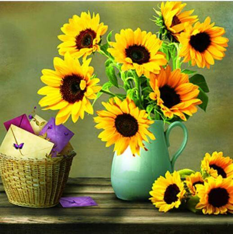 Image of Diamond Painting of Sunflowers in a Vase with Envelopes and Butterflies