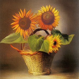 Diamond painting of sunflowers in a woven basket.