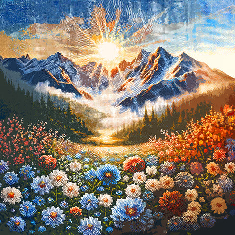 Image of Sunrise over mountain range diamond painting with vibrant flowers