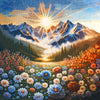 Sunrise over mountain range diamond painting with vibrant flowers