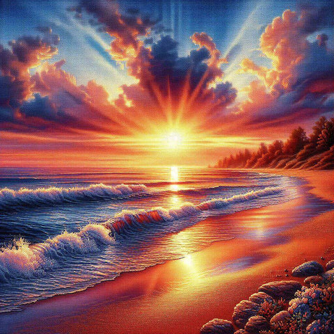 Image of sunset beach ocean waves diamond painting